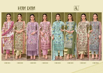 Alok Suit Hum Dum catalog collage featuring eight floral printed salwar suit designs with varying colors and embroidery details.