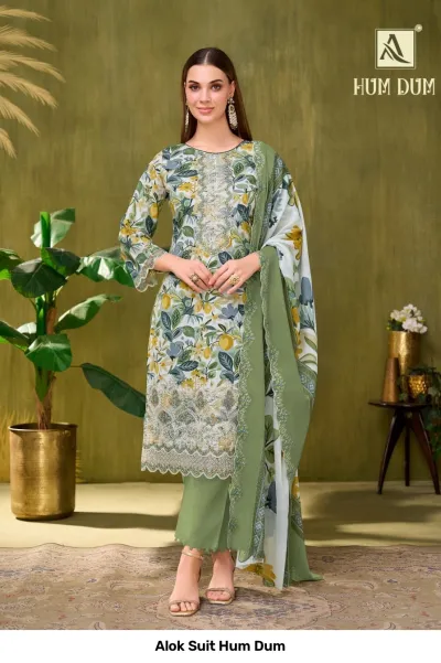 Alok Suit Hum Dum, olive green and floral printed salwar suit with thread and zari work on the kurta and hem.