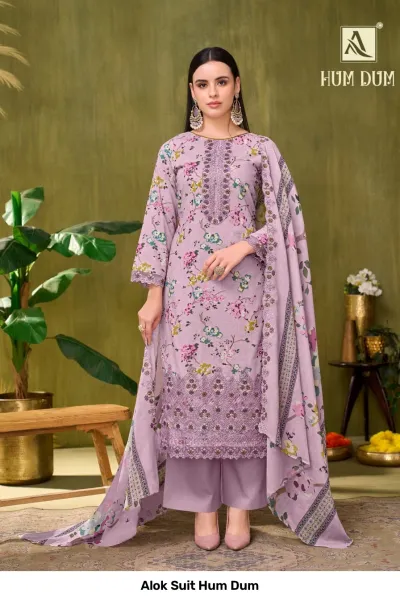 Alok Suit Hum Dum, light purple floral printed salwar suit with heavy thread and zari work embroidery on the kurta hem.