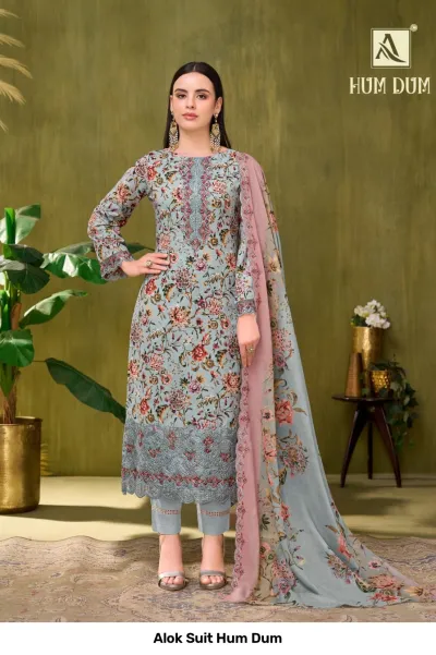 Alok Suit Hum Dum, light blue floral printed salwar suit with heavy thread and zari work on the kurta and dupatta.