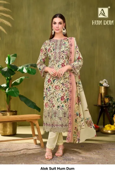 Alok Suit Hum Dum, cream-colored floral printed salwar suit with detailed thread and zari work embroidery on the kurta.