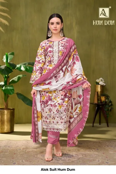 Alok Suit Hum Dum, white and pink floral printed salwar suit with intricate thread and zari work detailing on the kurta.