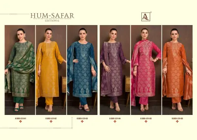 Alok Suit Humsafar Edition 6: Catalog collage showing six variations of salwar suits in different colors with gold zari work and matching dupattas.