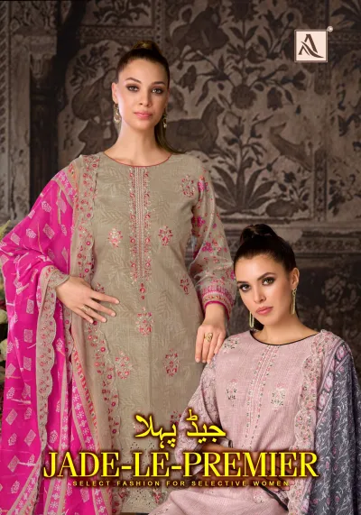 Alok Suit Jade Le Premier: Catalog cover showing models wearing multiple salwar suits with printed patterns, floral embroidery, and dupattas.
