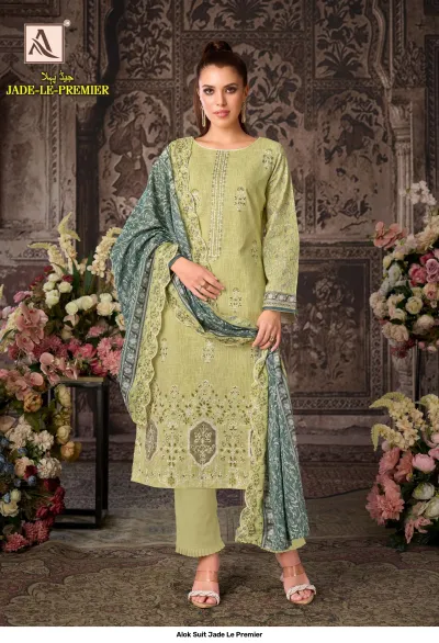 Alok Suit Jade Le Premier: Light green salwar suit with floral thread work, straight cut kurti, and printed dupatta.