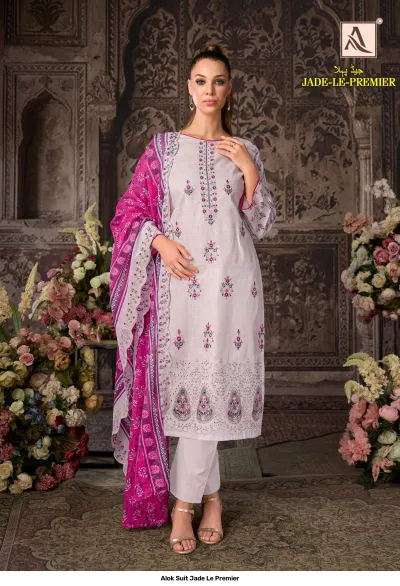 Alok Suit Jade Le Premier: Pale lavender salwar suit featuring floral thread work, embroidery details, and a contrast pink printed dupatta.