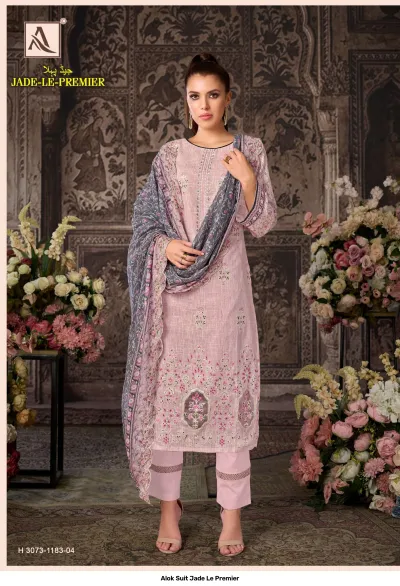 Alok Suit Jade Le Premier: Light pink salwar suit with floral thread work and a grey printed dupatta, straight cut style.