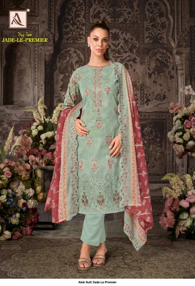 Alok Suit Jade Le Premier: Light green salwar suit with floral thread work, embroidered kurti, and a dark pink printed dupatta.