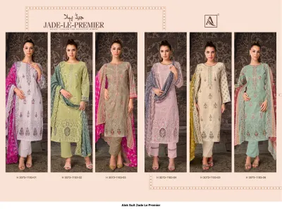Alok Suit Jade Le Premier: Catalog collage displaying six different colored salwar suit designs with printed fabrics and thread work embroidery.