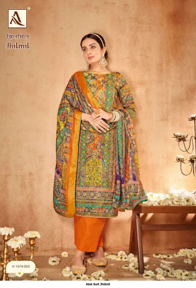 Alok Suit Jhilmil, H 1474-003: An orange salwar suit featuring multi-colored ethnic prints and a vibrant matching dupatta.