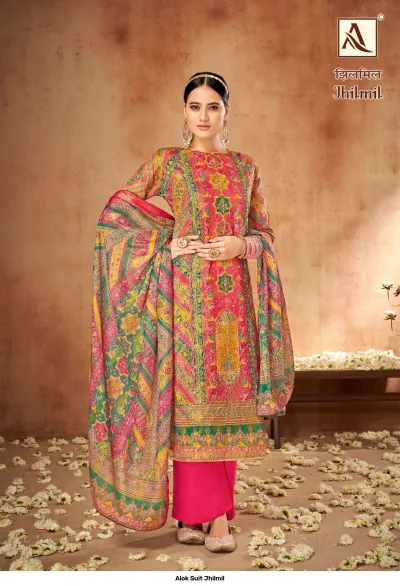Alok Suit Jhilmil: A pink and multi-colored printed salwar suit featuring traditional patterns and a coordinated dupatta.