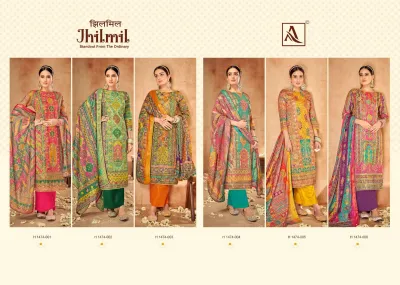 Alok Suit Jhilmil: A catalog collage displaying six different multi-colored printed salwar suit designs with varying color themes.