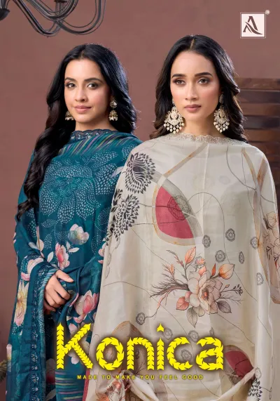 Alok Suit Konica catalog cover displaying models wearing printed salwar suits with floral patterns and embroidery details.