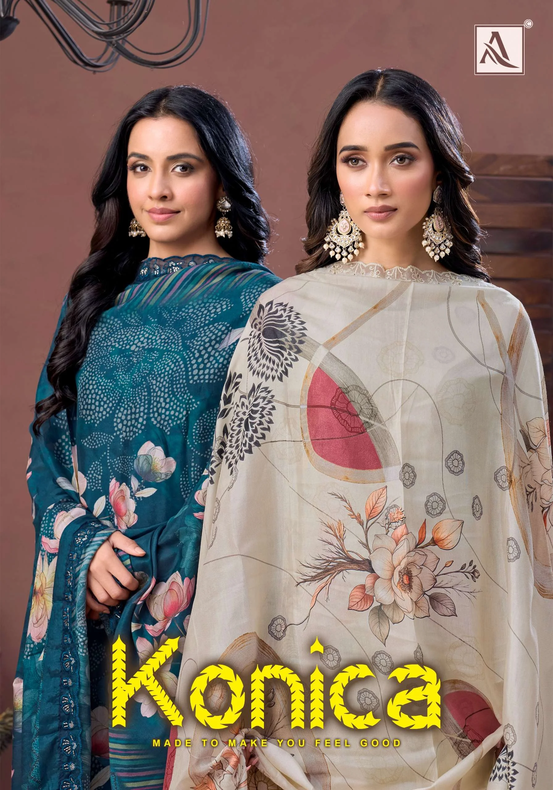 Alok Suit Konica catalog cover displaying models wearing printed salwar suits with floral patterns and embroidery details.