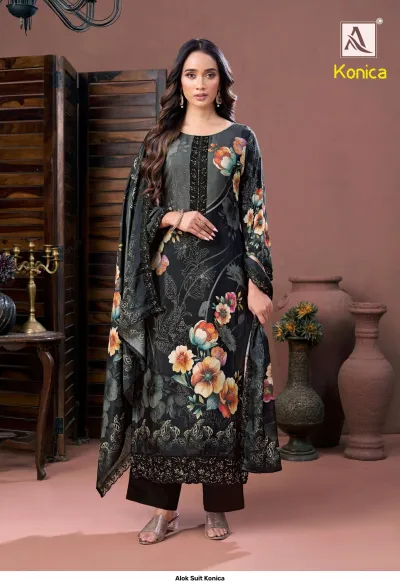 Alok Suit Konica black printed salwar suit with floral pattern, thread work on neckline and hem, includes dupatta.