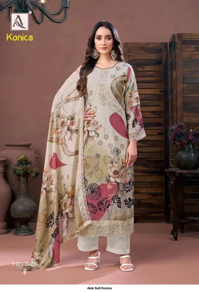 Alok Suit Konica cream printed salwar suit featuring floral pattern and zari work on the neck and bottom hem.