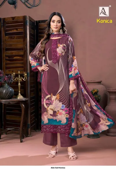 Alok Suit Konica deep purple printed salwar suit with floral and abstract patterns, featuring thread work and embroidery details.