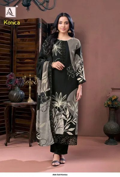 Alok Suit Konica black and grey printed salwar suit with floral patterns and minimal embroidery work on the neckline.