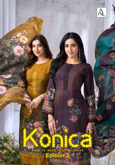 Alok Suit Konica Vol 2 catalog cover featuring two women wearing printed salwar suits with floral patterns and thread work embellishments.
