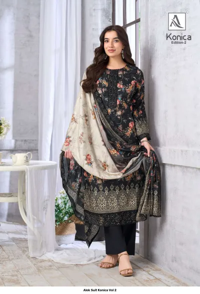 Alok Suit Konica Vol 2 black printed salwar suit with floral patterns, featuring thread work and a matching dupatta.