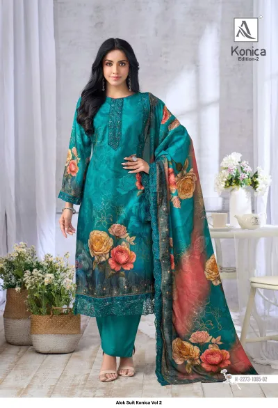 Alok Suit Konica Vol 2 teal salwar suit with floral patterns, featuring intricate thread work on the neckline and dupatta.