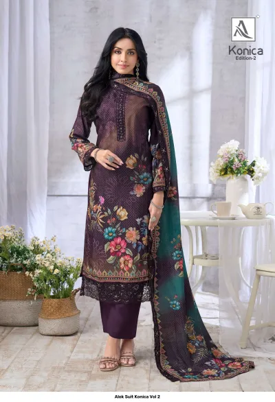 Alok Suit Konica Vol 2 dark purple salwar suit with floral print, featuring detailed thread work and a matching dupatta.