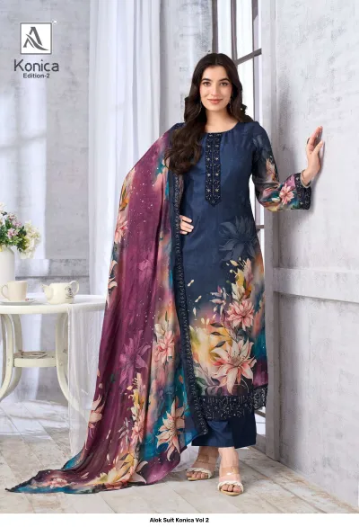 Alok Suit Konica Vol 2 blue salwar suit with large floral print, featuring thread work on the neck and matching dupatta.