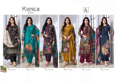 Alok Suit Konica Vol 2 catalog collage showcasing six different designs of printed salwar suits with floral patterns and thread work.