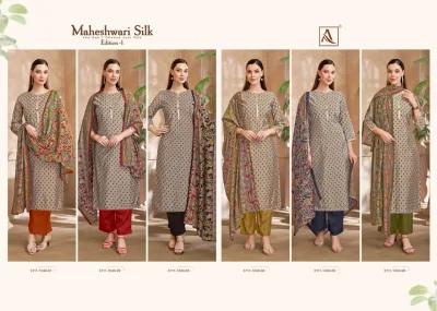 Alok Suit Maheswari Silk: A catalog collage displaying six different grey kurti sets with matching floral printed dupattas and various pant colors.