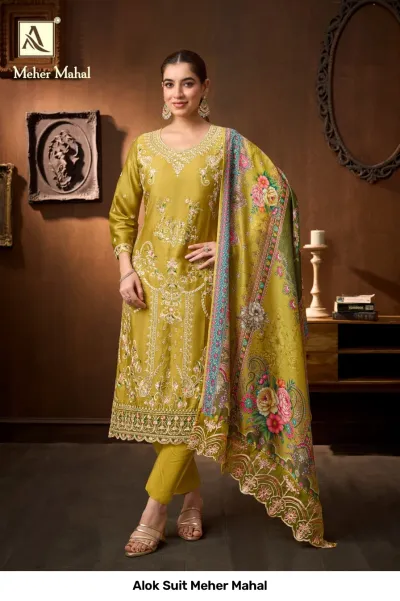 Alok Suit Meher Mahal: Olive green salwar suit with intricate thread work, embroidery, and a matching floral printed dupatta.