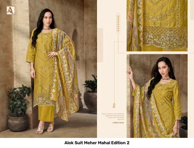 Alok Suit Meher Mahal Edition 2 mustard yellow salwar suit featuring intricate thread work embroidery and a matching floral printed dupatta.