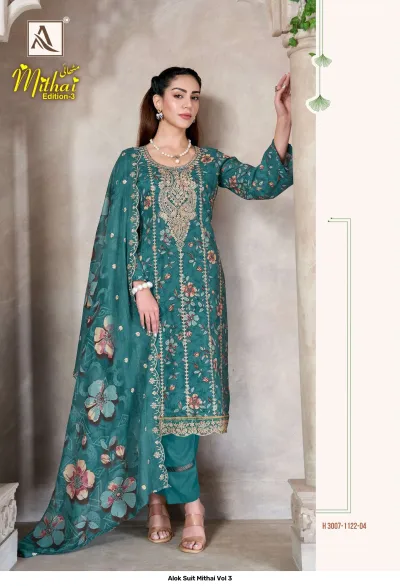 Alok Suit Mithai Vol 3, teal green salwar suit with floral print, matching dupatta, and gold zari thread embroidery work.