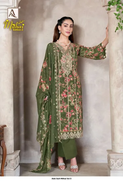 Alok Suit Mithai Vol 3, olive green salwar suit with floral print, matching dupatta, and gold zari embroidery work.