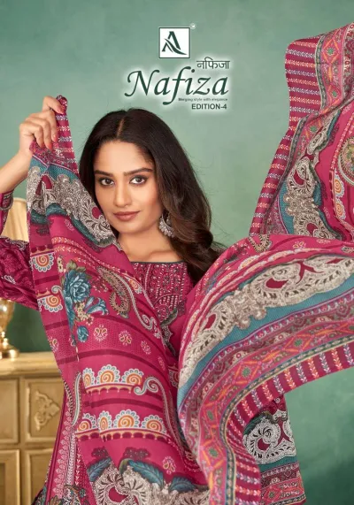 Alok Suit Nafiza Vol 4 close-up shot of a magenta printed salwar suit with intricate thread work on the neckline.