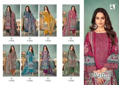 Alok Suit Nafiza Vol 4 catalog collage displaying multiple variations of the Nafiza Vol 4 printed salwar suit collection.
