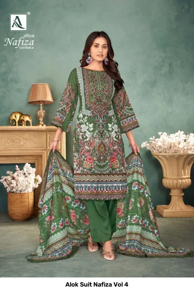 Alok Suit Nafiza Vol 4 green salwar suit with floral prints, matching dupatta, and solid green pants.