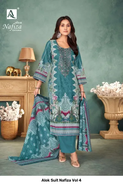 Alok Suit Nafiza Vol 4 teal blue salwar suit with intricate floral prints and a matching printed dupatta.