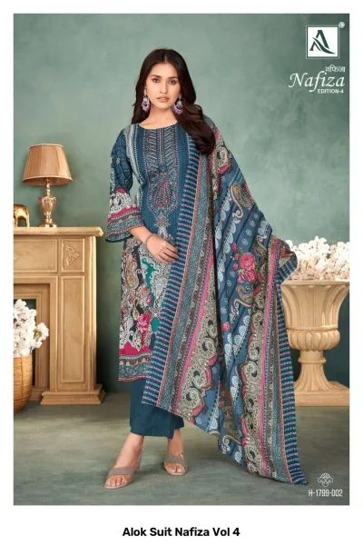 Alok Suit Nafiza Vol 4 dark blue salwar suit featuring an all-over paisley and floral print with a coordinated dupatta.