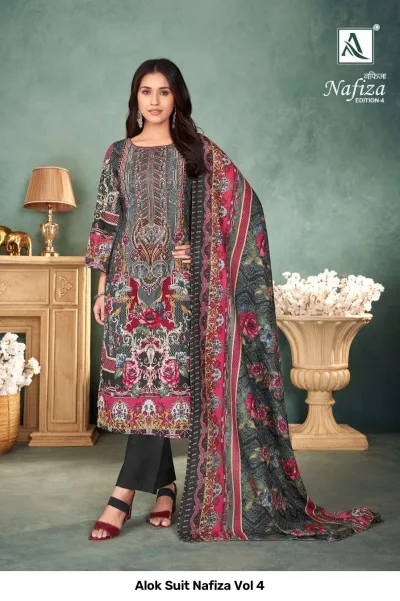Alok Suit Nafiza Vol 4 grey and magenta salwar suit with floral patterns and a vibrant printed dupatta.