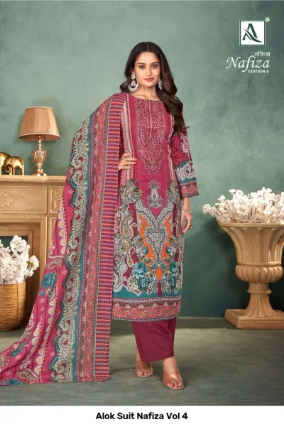 Alok Suit Nafiza Vol 4 magenta salwar suit with an ornate paisley print design and matching solid trousers.