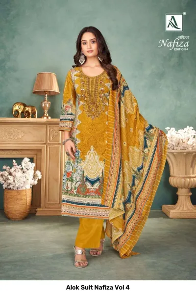 Alok Suit Nafiza Vol 4 mustard yellow salwar suit with a detailed all-over print and matching solid pants.