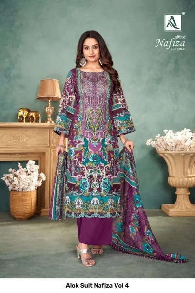 Alok Suit Nafiza Vol 4 purple salwar suit with floral prints and matching solid purple trousers.