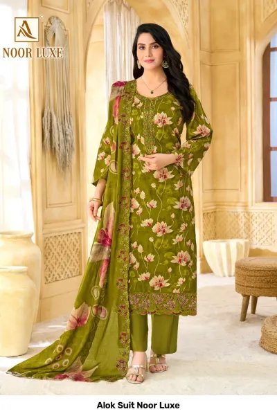 Alok Suit Noor Luxe: Olive green salwar suit with floral print, featuring intricate zari and thread work embroidery on the neckline and hemline.