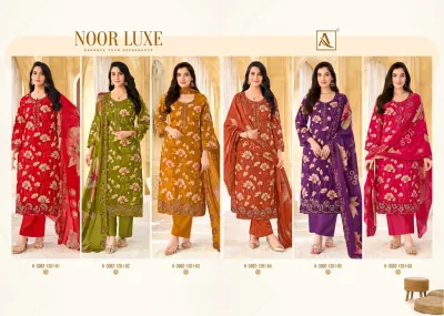 Alok Suit Noor Luxe: Catalog collage display showing multiple color variations of floral printed salwar suits with embroidery.