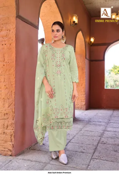 Alok Suit Ombre Premium: Light green salwar suit with floral thread work, embroidery, and a matching dupatta.