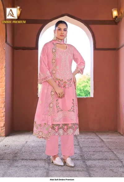 Alok Suit Ombre Premium: Pink salwar suit featuring intricate floral thread work, embroidery, and a coordinated dupatta.