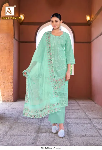 Alok Suit Ombre Premium: Light green salwar suit with delicate floral thread work, embroidery, and a patterned dupatta.