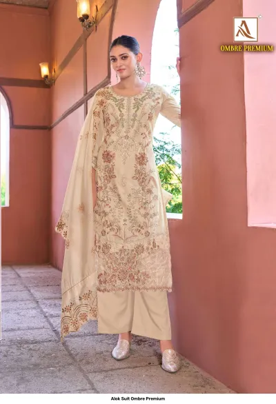Alok Suit Ombre Premium: Beige salwar suit featuring floral thread work, embroidery, and a coordinating dupatta.