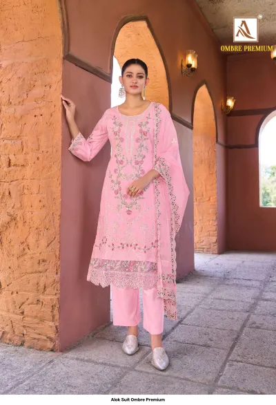 Alok Suit Ombre Premium: Pink salwar suit with floral thread work, intricate embroidery, and a matching dupatta.
