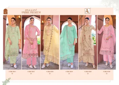 Alok Suit Ombre Premium: A catalog collage displaying six different color variations of salwar suits with floral embroidery and thread work.